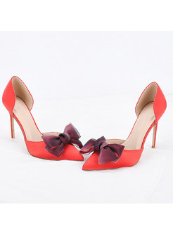 Red Pointed Toe Bowknot Satin Wedding Heels