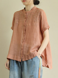 Mock Neck Embroidered Loose Plus Size Blouse
