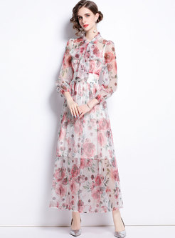 Boho Bowknot Long Sleeve Print Maxi Dress