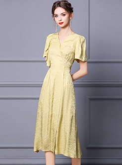 Yellow V-neck Ruffle A Line Midi Dress