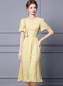 Yellow V-neck Ruffle A Line Midi Dress