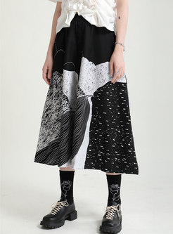 Color-blocked High Waisted Print Maxi Skirt