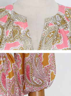 Boho V-neck Puff Sleeve Ruffle Print Maxi Dress
