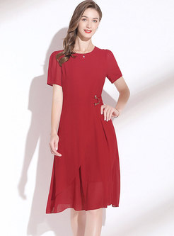 Red Short Sleeve High Waisted Chiffon Skater Dress