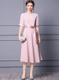 Pink Short Sleeve High Waisted A Line Maxi Dress