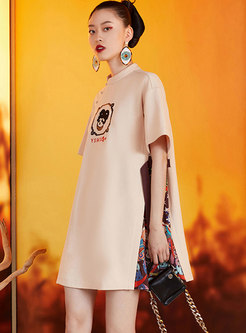 Mandarin Collar Embroidered Sequined Print T-shirt Dress