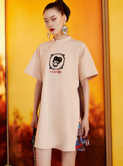 Mandarin Collar Embroidered Sequined Print T-shirt Dress
