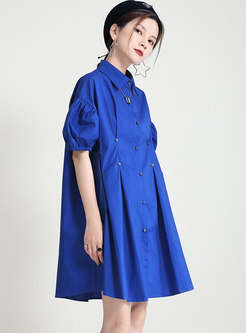 Casual Puff Sleeve Single-breasted Shift Shirt Dress