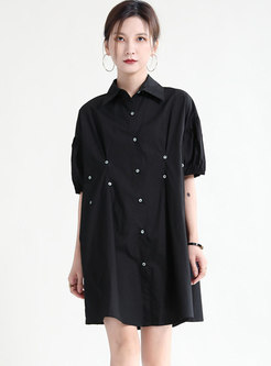 Casual Puff Sleeve Single-breasted Shift Shirt Dress