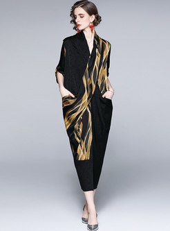 Black V-neck Print Ruched Asymmetric Maxi Dress