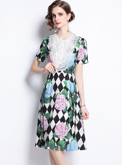 Lace Patchwork Plaid Print A Line Dress