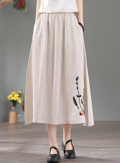 High Waisted A Line Embroidered Linen Skirt