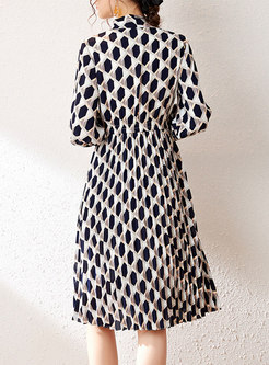 Bowknot Mock Neck Geometric Print A Line Dress