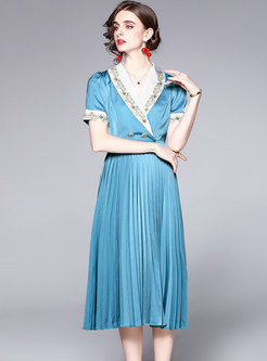 Color-blocked V-neck Embroidered Pleated Midi Dress
