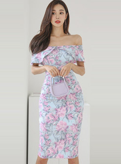 Off-the-shoulder Print Ruffle Bodycon Dress