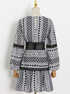 Boho V-neck Puff Sleeve Geometric Print Dress