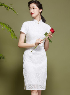 Mandarin Collar Mesh Embroidered Cheongsam Dress