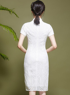Mandarin Collar Mesh Embroidered Cheongsam Dress