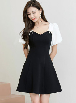 Color-blocked Puff Sleeve A Line Dress