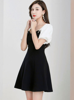Color-blocked Puff Sleeve A Line Dress