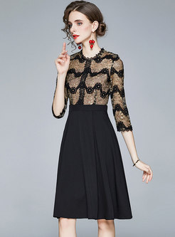 Black Lace Patchwork A Line Knee-length Dress