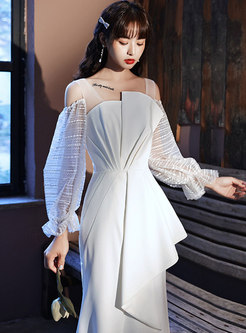 White Long Sleeve Asymmetric Ruffle Party Dress