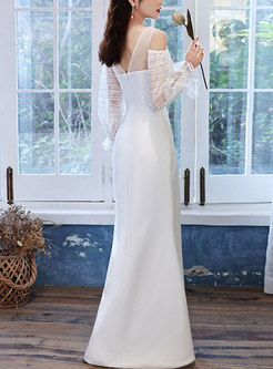 White Long Sleeve Asymmetric Ruffle Party Dress