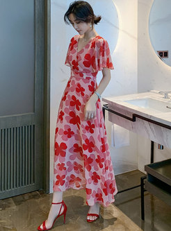 Red Print Ruffle Sleeve Chiffon Maxi Dress