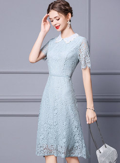 Lapel Lace Patchwork A Line Knee-length Dress
