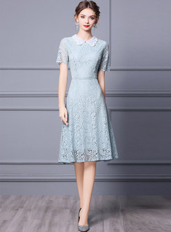Lapel Lace Patchwork A Line Knee-length Dress