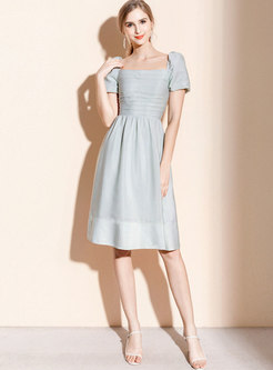 Square Neck Puff Sleeve Ruched Skater Dress