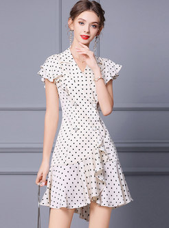 Notched Collar Polka Dot Ruffle Short Mini Dress