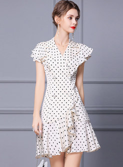 Notched Collar Polka Dot Ruffle Short Mini Dress