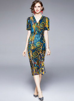 V-neck Short Sleeve Print Bodycon Dress