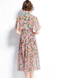 Mandarin Collar Ruffle Sleeve Print Midi Dress