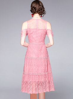 Pink Cold Shoulder Lace Openwork Midi Dress