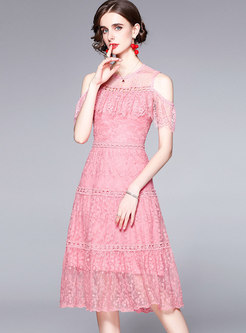Pink Cold Shoulder Lace Openwork Midi Dress