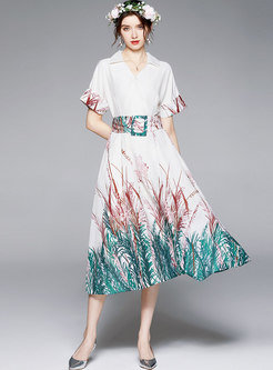 V-neck Short Sleeve Print A Line Maxi Dress