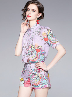 Casual Mock Neck Print High Waisted Hot Pant Suits