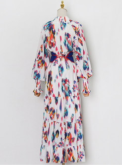 Mock Neck Chiffon High Waisted Print Maxi Dress