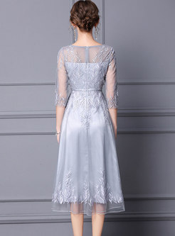 3/4 Sleeve Mesh Embroidered Beaded Midi Prom Dress