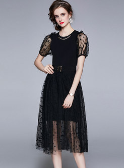 Black Puff Sleeve Mesh Embroidered Midi Skirt Suits