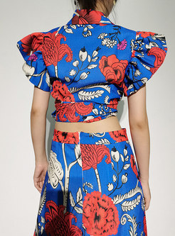 Turn-down Collar Print Crop Blouse & Big Hem Maxi Skirt