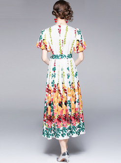 V-neck Puff Sleeve Print Big Hem Maxi Dress