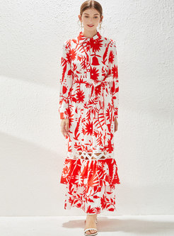 Boho Red Print A Line Openwork Maxi Dress