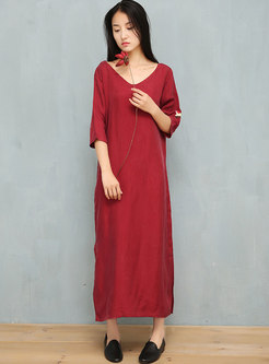 Plus Size 3/4 Sleeve Embroidered Shift Maxi Dress