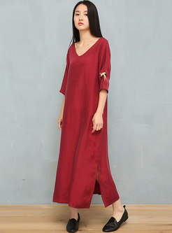 Plus Size 3/4 Sleeve Embroidered Shift Maxi Dress