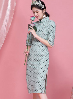 Retro Mandarin Collar Polka Dot Lace Cheongsam Dress