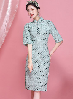 Retro Mandarin Collar Polka Dot Lace Cheongsam Dress