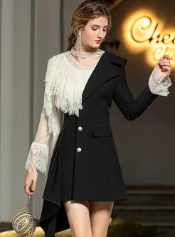 Ruffle Lace Pullover Blouse & Asymmetric Blazer Dress